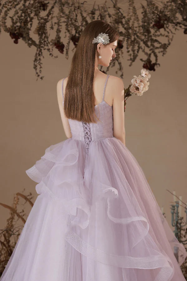 Light Purple Tulle Spaghetti Straps Floor Length Party Dress Light Purple Evening Prom Dress