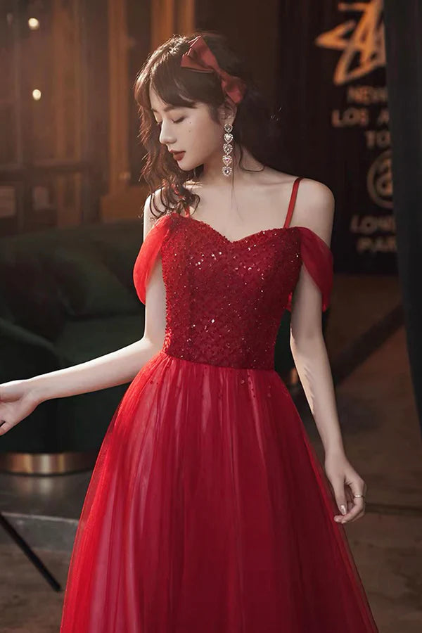 Burgundy Tulle Beaded Long Prom Dress Beautiful Spaghetti Strap Evening Party Dress