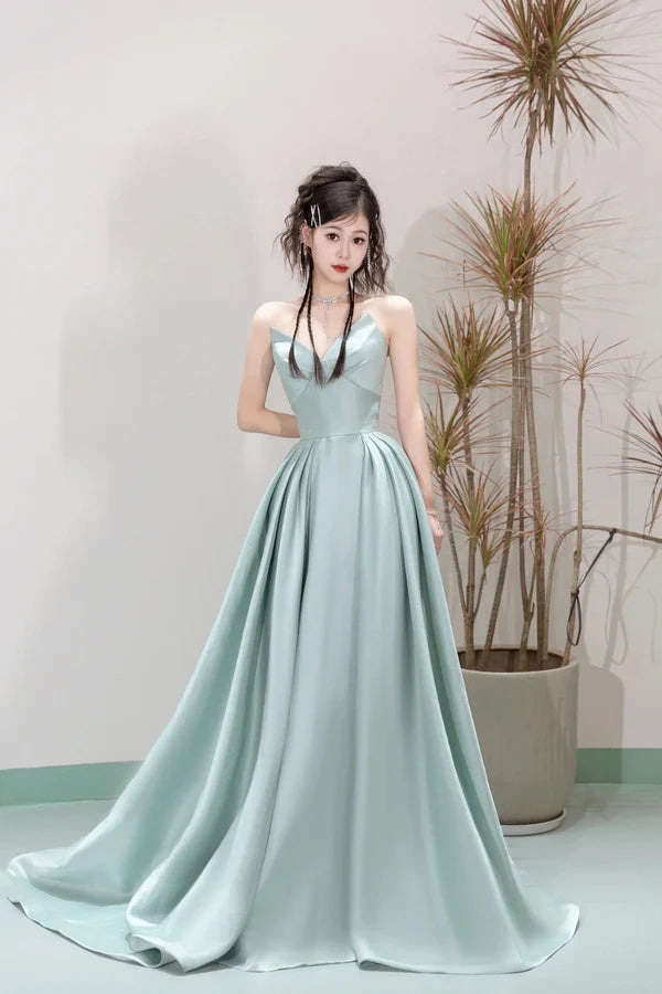 Unique Satin Floor Length Prom Dress A-line Strapless Formal Evening Dress