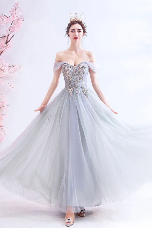 Gray Lace Long A-Line Prom Dress Off the Shoulder Evening Party Dress