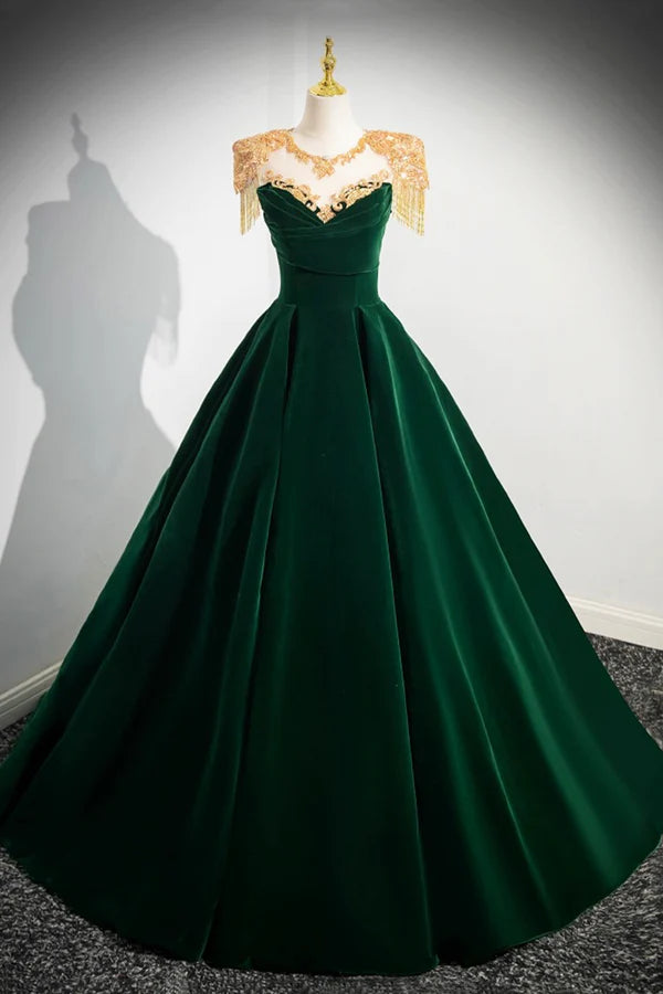 Green Velvet Beaded Long Prom Dress A-line Beautiful Evening Party Dress