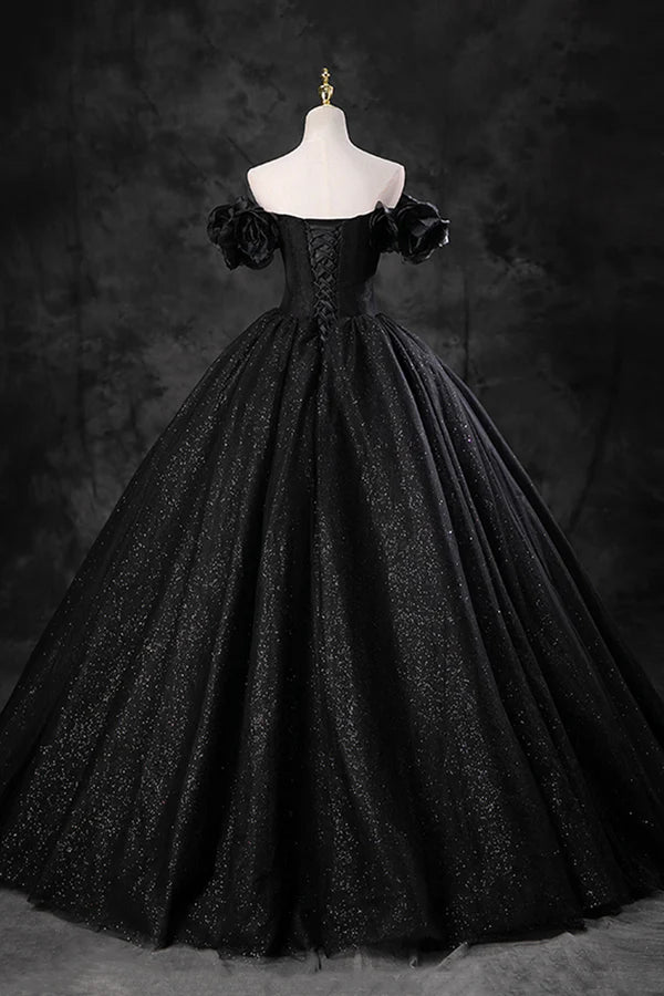 Black Tulle Floor Length A-Line Prom Dress Off the Shoulder Evening Party Dress