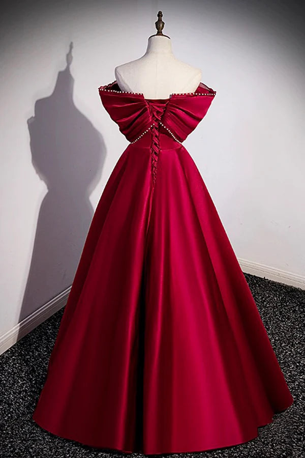 Burgundy Satin Floor Length Prom Dress A-Line Off the Shoulder Evening Party Dress