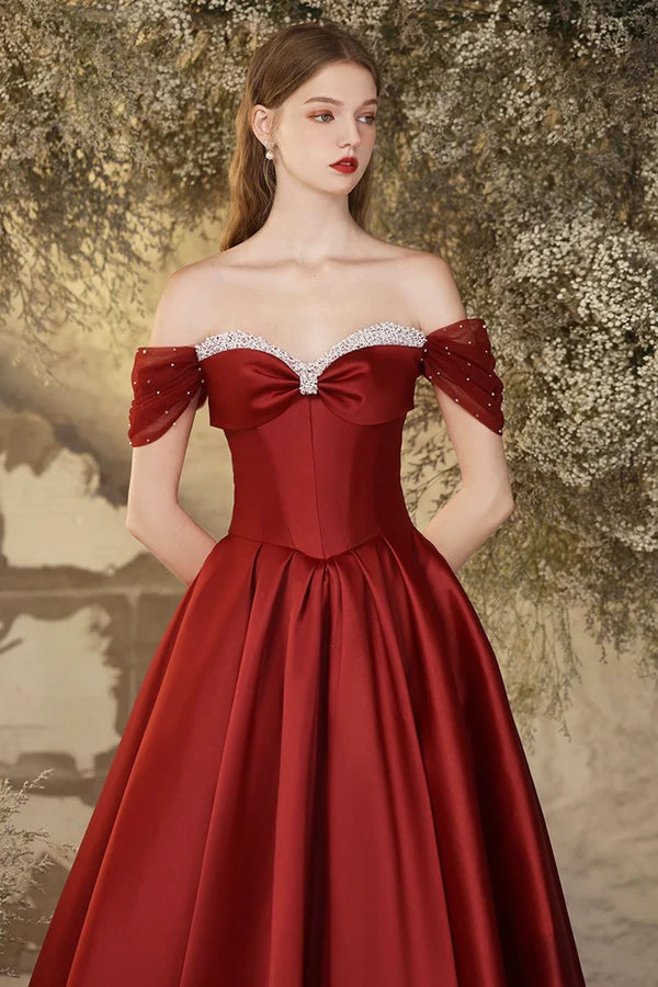 Burgundy Satin Long Prom Dress Beautiful Off the Shoulder A-Line Formal Evening Dress