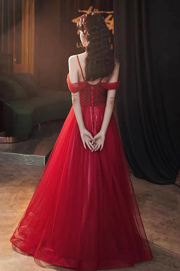 Burgundy Tulle Beaded Long Prom Dress Beautiful Spaghetti Strap Evening Party Dress