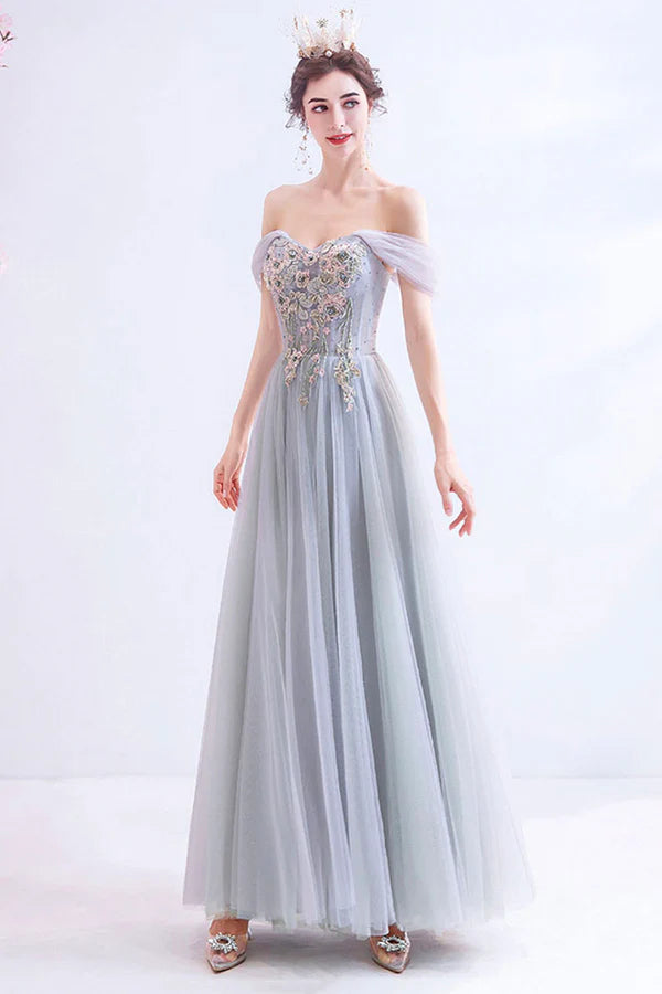 Gray Lace Long A-Line Prom Dress Off the Shoulder Evening Party Dress