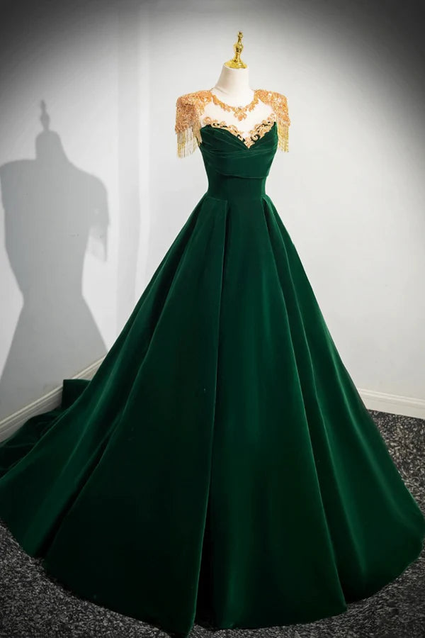 Green Velvet Beaded Long Prom Dress A-line Beautiful Evening Party Dress