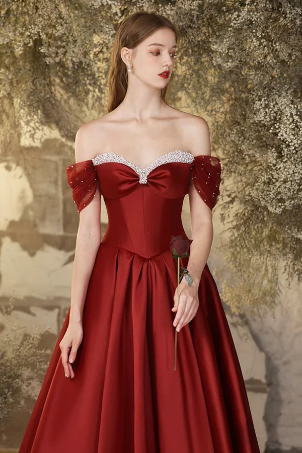 Burgundy Satin Long Prom Dress Beautiful Off the Shoulder A-Line Formal Evening Dress