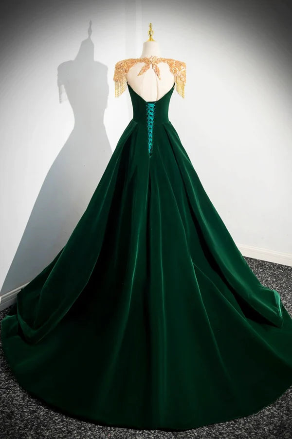 Green Velvet Beaded Long Prom Dress A-line Beautiful Evening Party Dress