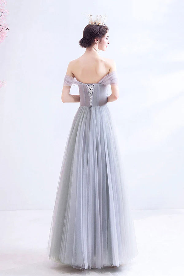 Gray Lace Long A-Line Prom Dress Off the Shoulder Evening Party Dress