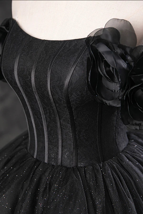 Black Tulle Floor Length A-Line Prom Dress Off the Shoulder Evening Party Dress