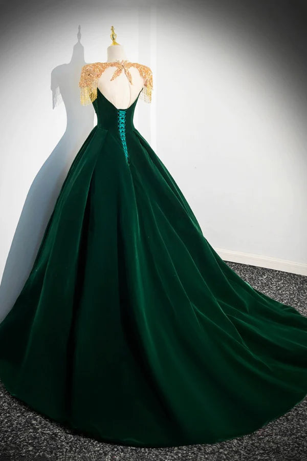 Green Velvet Beaded Long Prom Dress A-line Beautiful Evening Party Dress