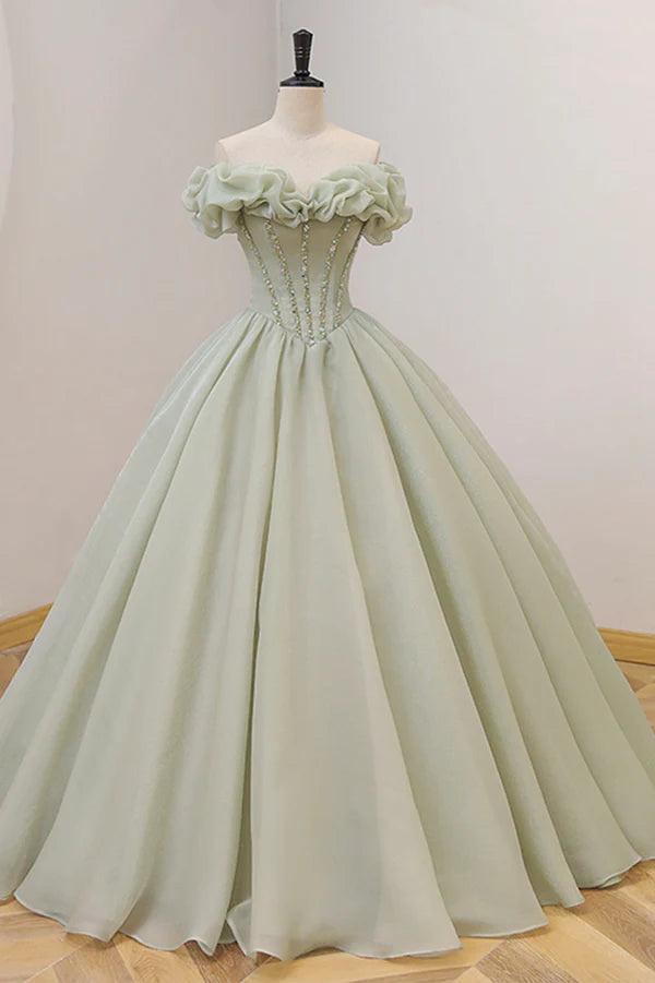 Green A-Line Tulle Long Prom Dress with Beaded Off the Shoulder Evening Dress