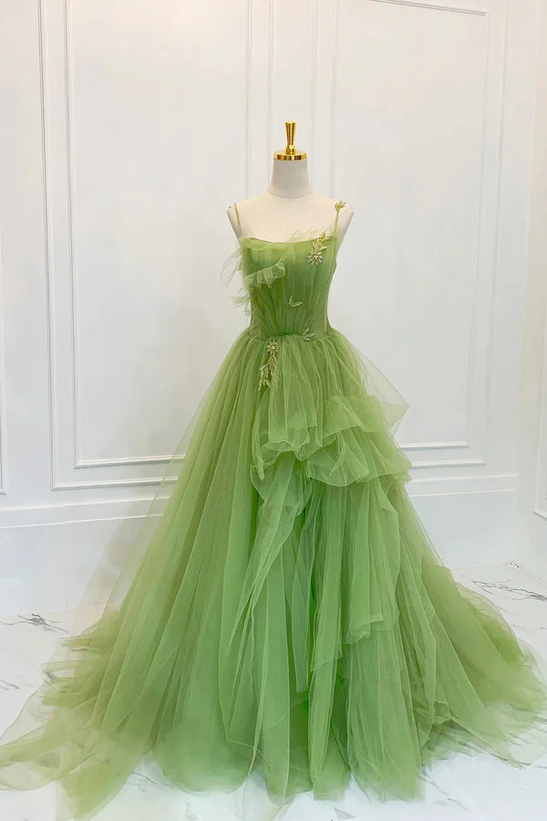 Green Spaghetti Strap Tulle Long Prom Dress Beautiful A-Line Evening Dress