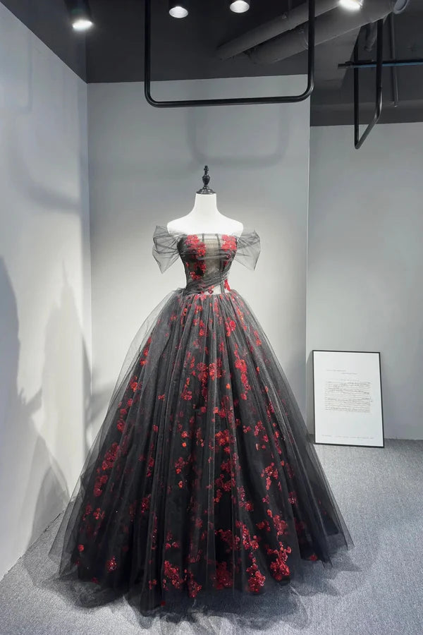 Black Tulle and Red Sequins Long Prom Dress Off the Shoulder Evening Party Dress