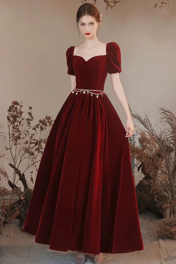 Burgundy Velvet Floor Length Prom Dress Lovely A-Line Evening Party Dress