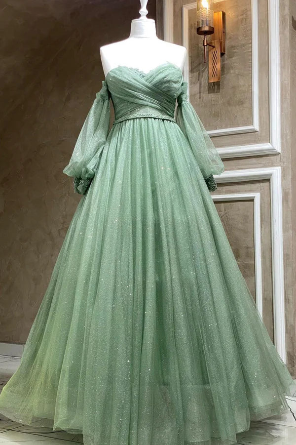 Green Strapless Tulle Long Sleeve Prom Dress Green A-Line Evening Party Dress