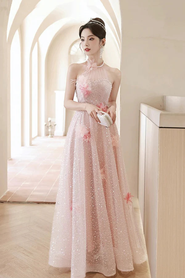 Pink Tulle Sequins Long Prom Dresses Pink Off Shoulder Evening Dresses