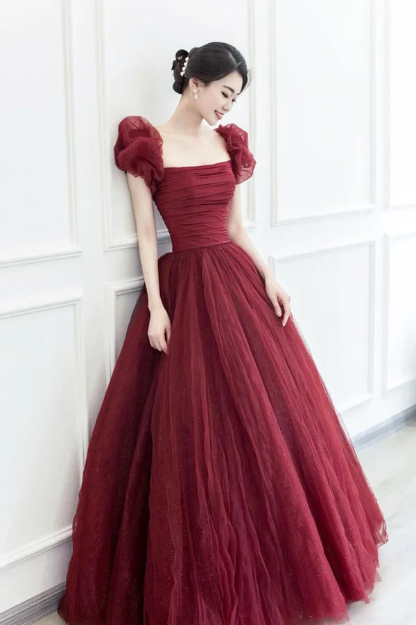 Burgundy Tulle Long A-Line Prom Dress Beautiful Evening Graduation Dress