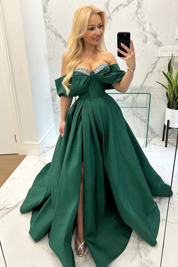 Green Satin Beaded Long Off the Shoulder Prom Dress A-Line Evening Dress with Slit