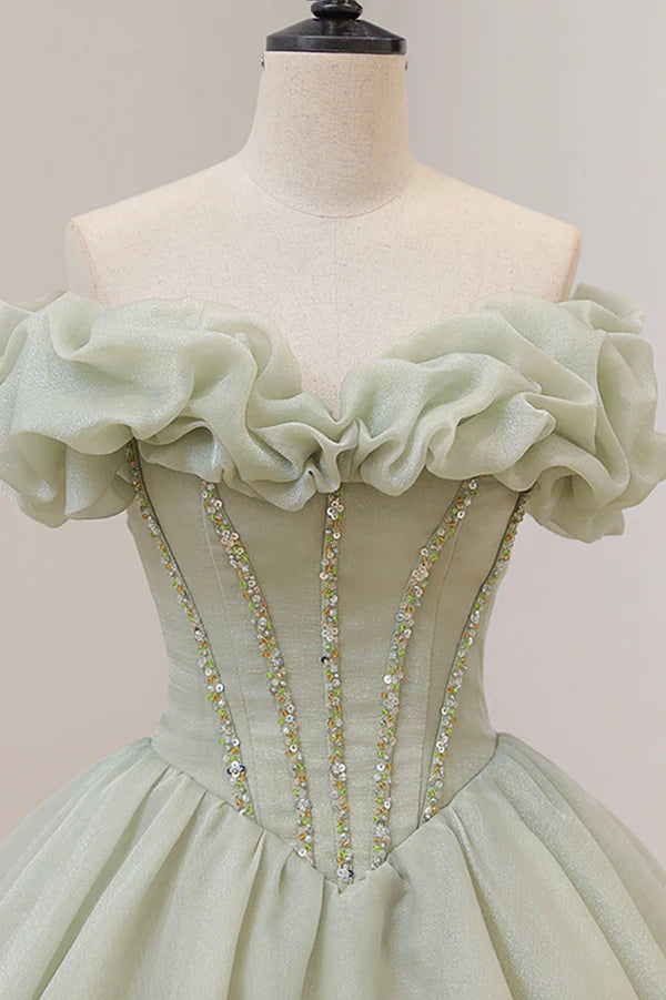 Green A-Line Tulle Long Prom Dress with Beaded Off the Shoulder Evening Dress