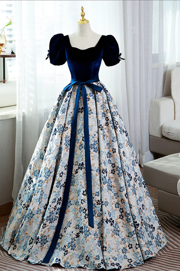 Blue Velvet Floral Long Ball Gown A-Line Short Sleeve Formal Evening Dress
