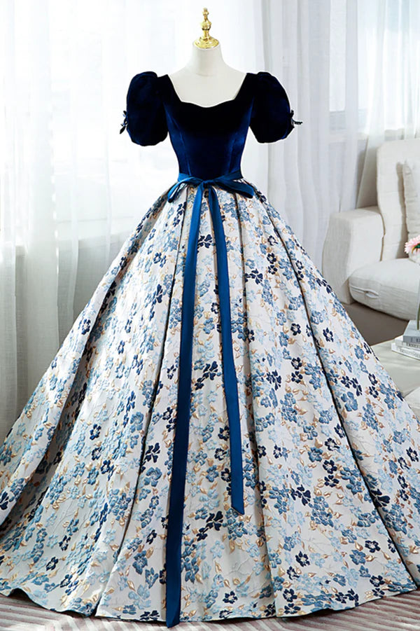 Blue Velvet Floral Long Ball Gown A-Line Short Sleeve Formal Evening Dress