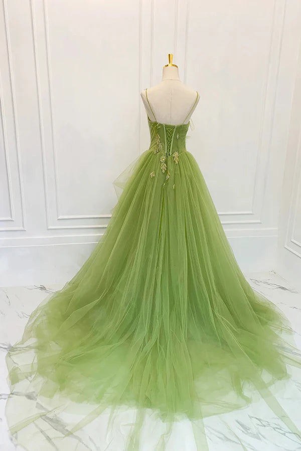 Green Spaghetti Strap Tulle Long Prom Dress Beautiful A-Line Evening Dress