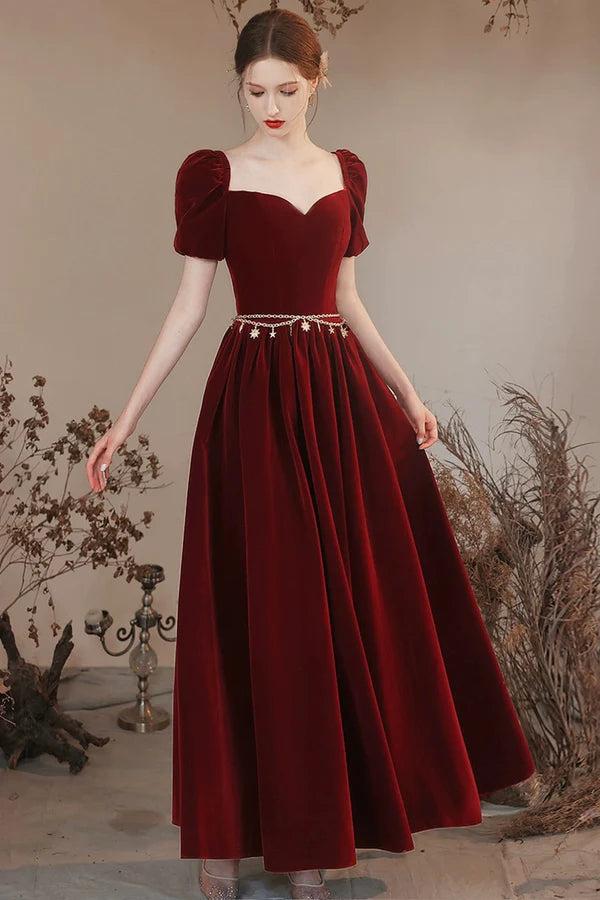 Burgundy Velvet Floor Length Prom Dress Lovely A-Line Evening Party Dress