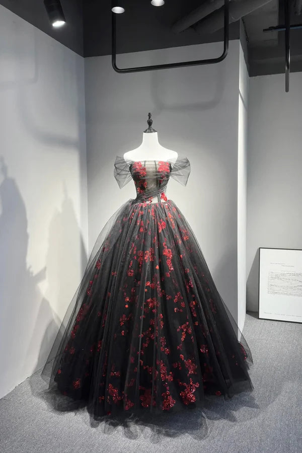 Black Tulle and Red Sequins Long Prom Dress Off the Shoulder Evening Party Dress