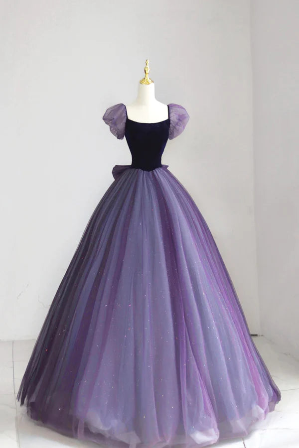 Purple Tulle Long Prom Dress with Velvet Cute A-Line Short Sleeve Evening Dress