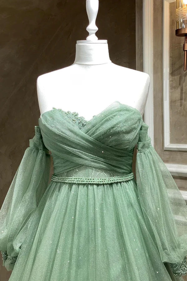 Green Strapless Tulle Long Sleeve Prom Dress Green A-Line Evening Party Dress