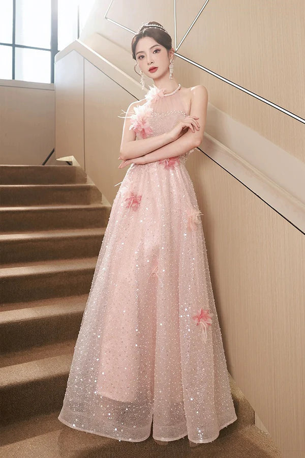 Pink Tulle Sequins Long Prom Dresses Pink Off Shoulder Evening Dresses