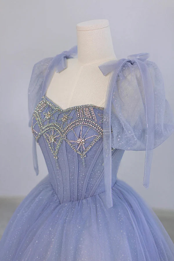 Blue Tulle Beaded Long Prom Dress Beautiful A-line Blue Evening Party Dress