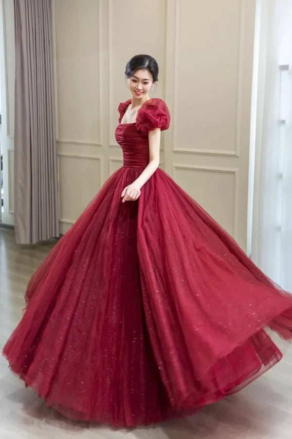 Burgundy Tulle Long A-Line Prom Dress Beautiful Evening Graduation Dress