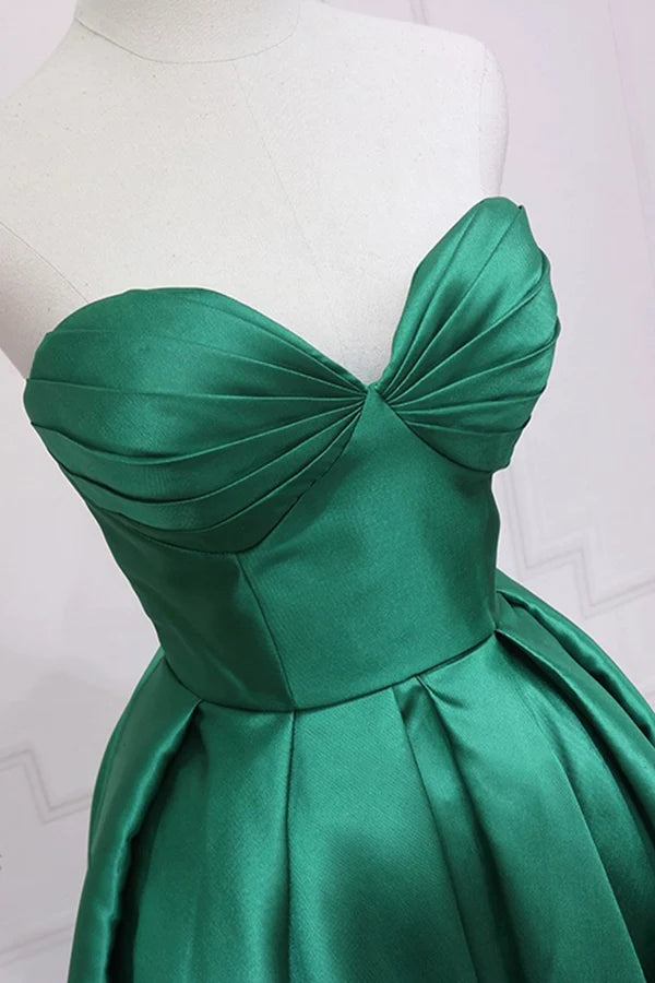Green Satin High Low Prom Dress Cute Sweetheart Neck Evening Party Dress