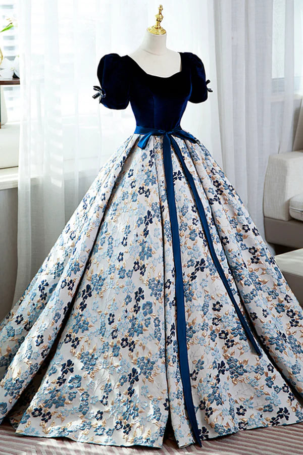 Blue Velvet Floral Long Ball Gown A-Line Short Sleeve Formal Evening Dress