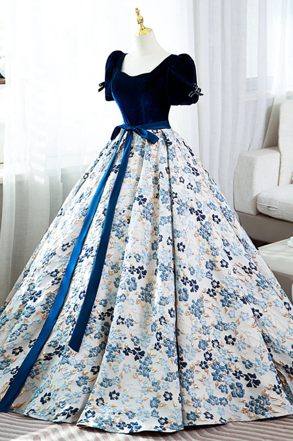 Blue Velvet Floral Long Ball Gown A-Line Short Sleeve Formal Evening Dress