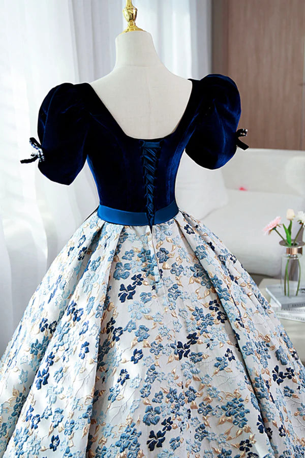 Blue Velvet Floral Long Ball Gown A-Line Short Sleeve Formal Evening Dress