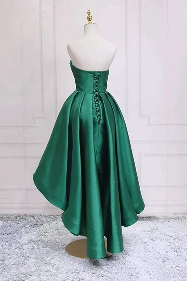 Green Satin High Low Prom Dress Cute Sweetheart Neck Evening Party Dress