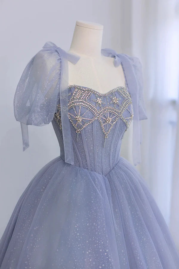 Blue Tulle Beaded Long Prom Dress Beautiful A-line Blue Evening Party Dress