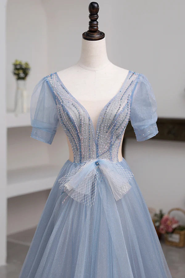Blue Short Sleeve Tulle Floor Length Prom Dress with Beaded Blue A-Line Evening Dress