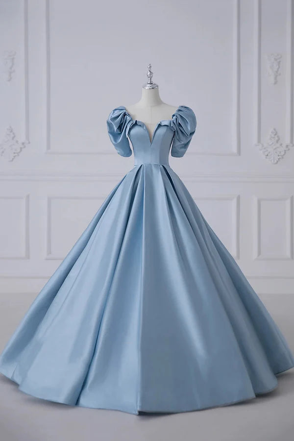 Blue Satin Long A-Line Prom Dress Beautiful A-Line Short Sleeve Evening Dress