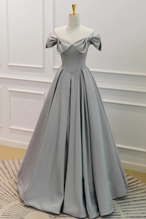 Gray Satin Floor Length Formal Dress with Pearls Cute A-Line Prom Dress