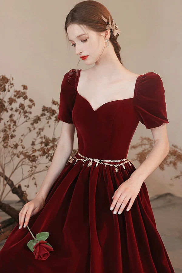 Burgundy Velvet Floor Length Prom Dress Lovely A-Line Evening Party Dress