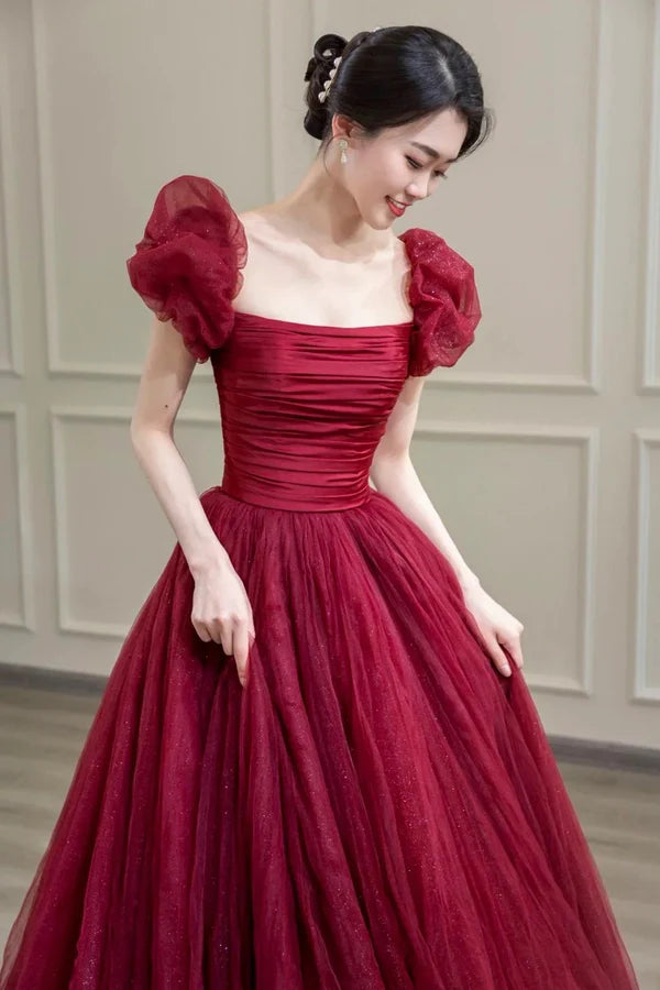 Burgundy Tulle Long A-Line Prom Dress Beautiful Evening Graduation Dress