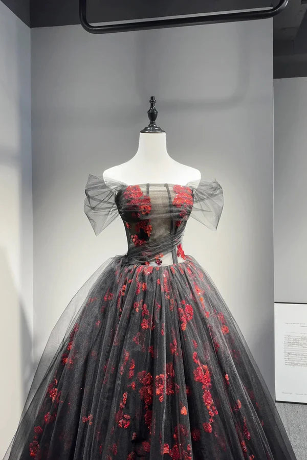 Black Tulle and Red Sequins Long Prom Dress Off the Shoulder Evening Party Dress