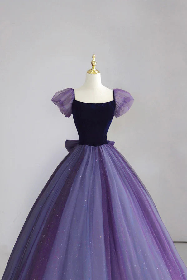 Purple Tulle Long Prom Dress with Velvet Cute A-Line Short Sleeve Evening Dress