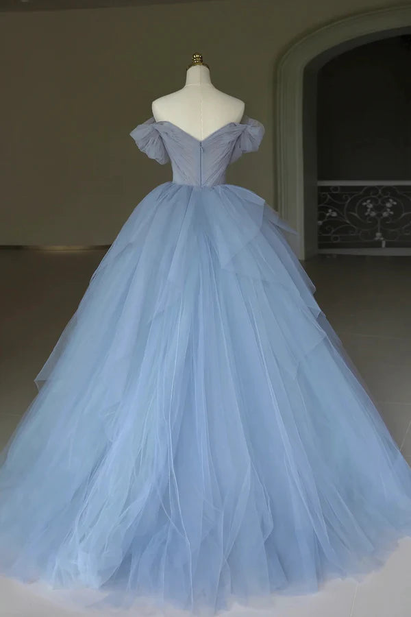 Blue Tulle Floor Length Prom Dress Off the Shoulder Evening Dress with 3D Flowers