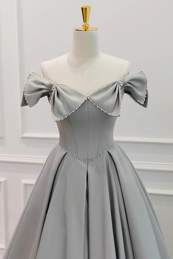 Gray Satin Floor Length Formal Dress with Pearls Cute A-Line Prom Dress